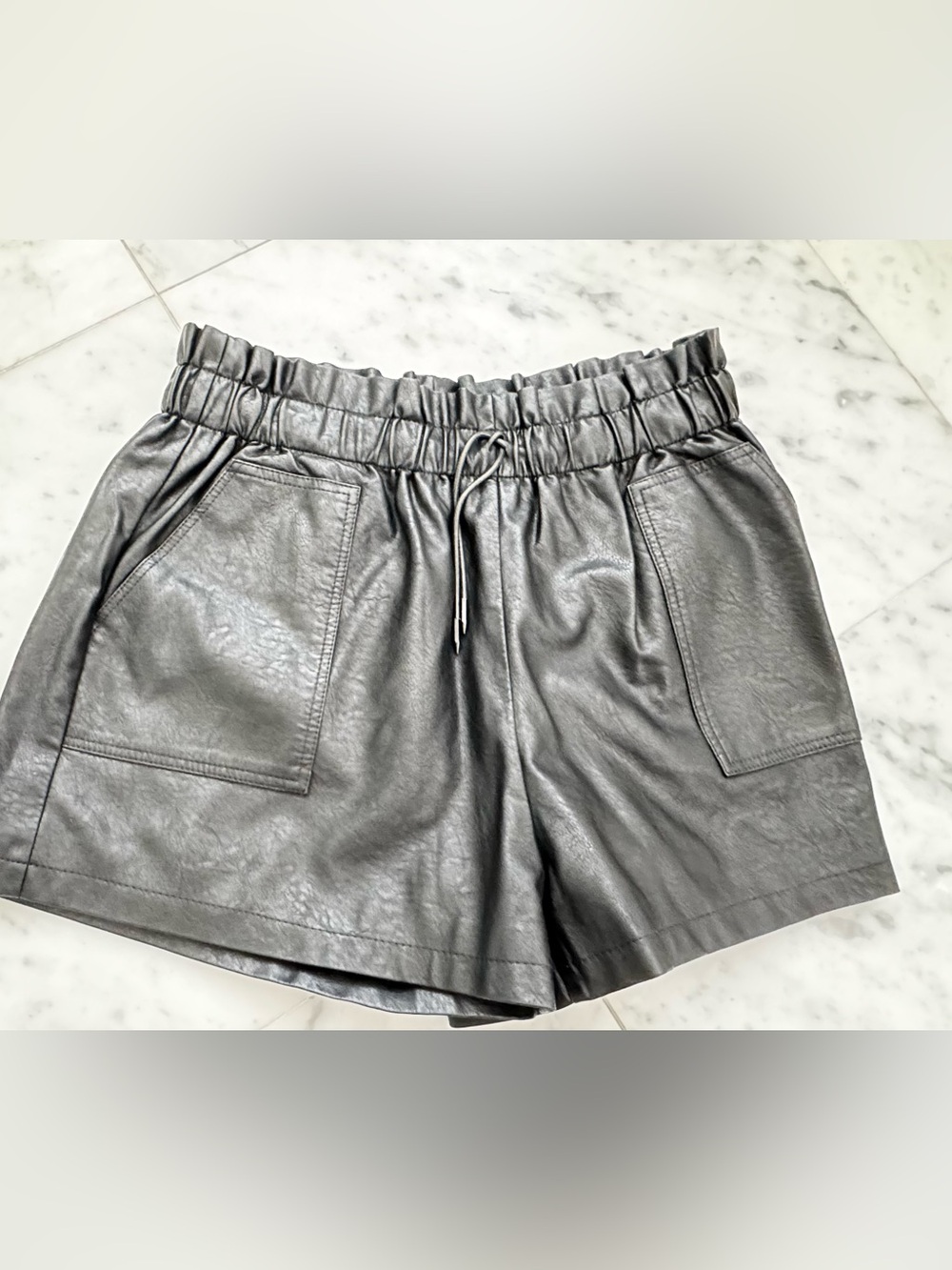 Women's Black Faux Leather Drawstring Shorts